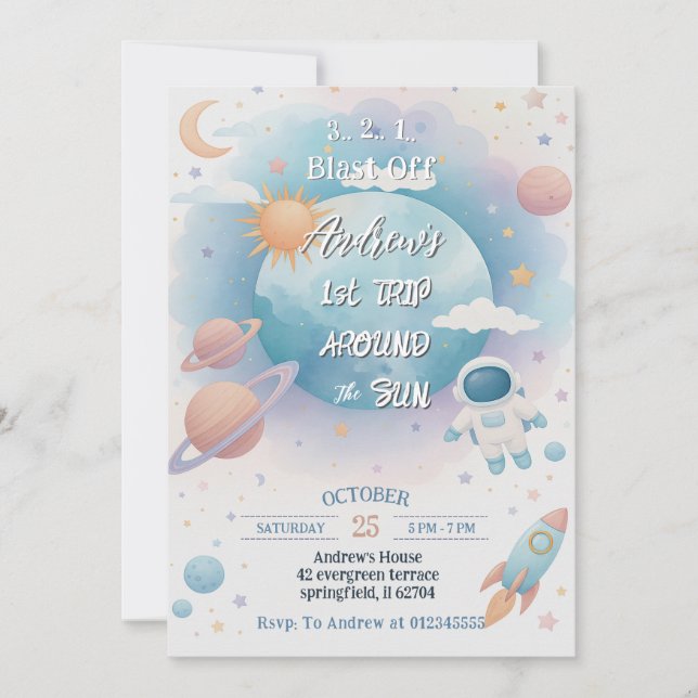 Convites Primeira viagem pessoal ao redor do sol Aniversári (Frente)