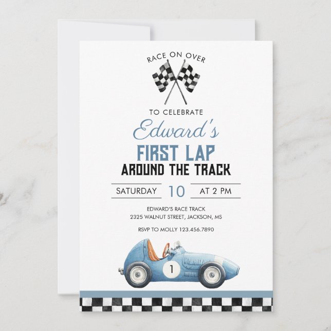 Convites Primeira Volta Carro de Corrida Azul 1º Aniversári (Frente)