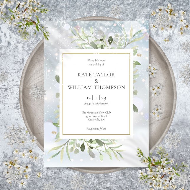 Convites Primeiras Folhas Verdes de Neve Casamento de Inver (First Snowflakes Greenery Winter Wedding Invitatio Invitation)