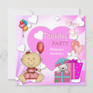 Convites Primeiro Aniversário 1ª Festa Corações Rosa Menina