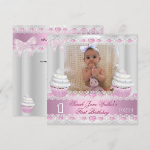 Convites Primeiro Aniversário 1ª Menina Branco Cupcake de R
