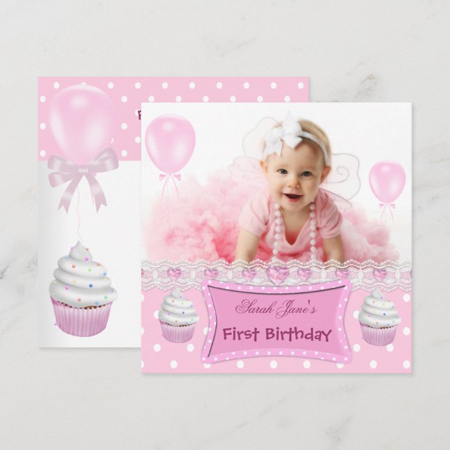 Convites Primeiro Aniversário 1ª Menina Cupcakes Rosa Bebê (Frente/Verso)