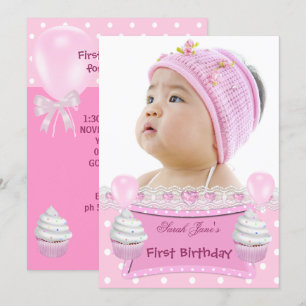 Convites Primeiro Aniversário 1ª Menina Cupcakes Rosa Bebê