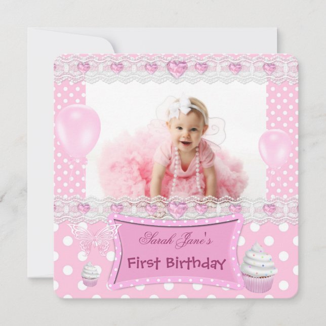 Convites Primeiro Aniversário 1º Menina Rosa Bolinhas Bebê (Frente)