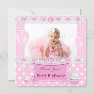 Convites Primeiro Aniversário 1º Menina Rosa Bolinhas Bebê