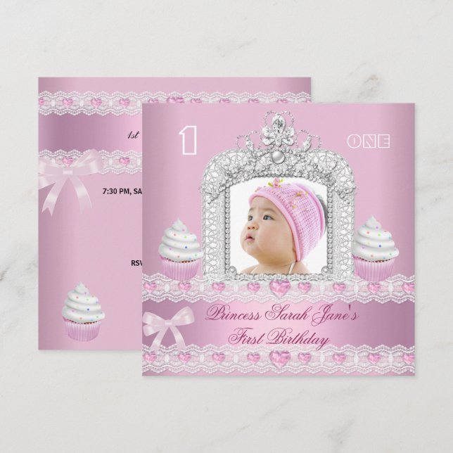 Convites Primeiro aniversário 1rua Princesa Rosa Tiara (Frente/Verso)