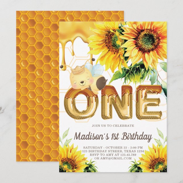 Convites Primeiro Aniversário Abelha de Mel Aniversário Gir (Frente/Verso)