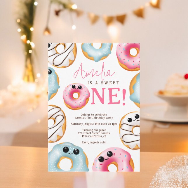 Convites Primeiro aniversario Adorável e Docente de Uma ros (Adorable Sweet One cute donuts 1st birthday Invitation)