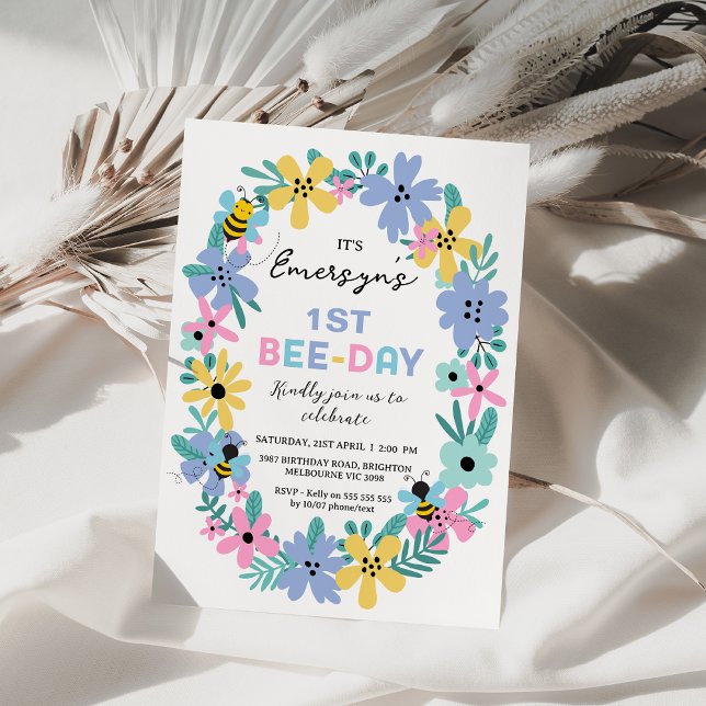 Convites Primeiro aniversario Amarelo-Cor-de-Abelha-Cor-de- (Colorful Floral 1st Bee-day 1st Birthday Invitation Template, Bee Themed 1st Birthday Invitation, )