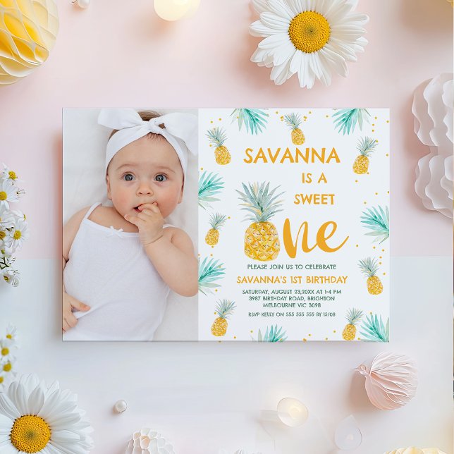 Convites Primeiro aniversario Amarelo de Um Abacaxi (Pineapple Sweet One 1st Birthday Invitation For Baby Girls, Girls Pineapple First Birthday Invite)