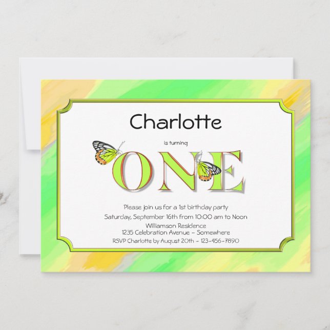 Convites primeiro aniversario Amarelo e Verde com faixas (Frente)