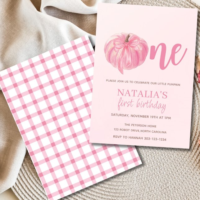 Convites Primeiro Aniversário, Arco de Abóbora Rosa (Little pumpkin girl birthday invitation with pink pumpkin and blush background)