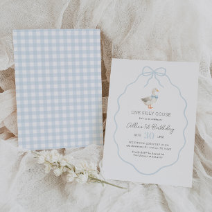 Convites Primeiro aniversario Arco Gingham Azul com Bobo