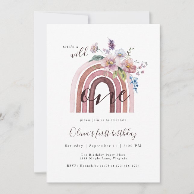 Convites Primeiro aniversario Arco-Íris de Flor Selvagem &  (Frente)