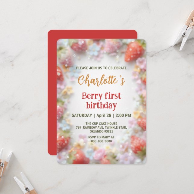 Convites Primeiro aniversario arco-íris de morangos brancos (Frente/Verso In Situ)