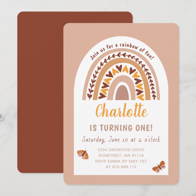 Convites Primeiro aniversario Arco-Íris Rosa Moderno (Frente/Verso)