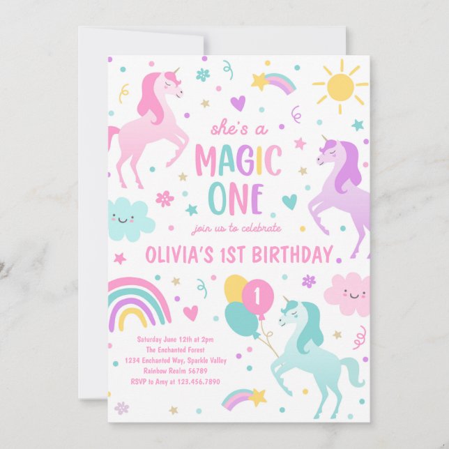 Convites Primeiro aniversario Arco-Íris Unicorn Magic One P (Frente)