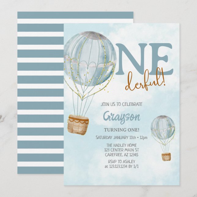 Convites Primeiro aniversario Azul Balão de Ar Quente (Frente/Verso)