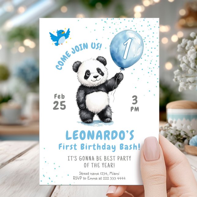 Convites Primeiro aniversario Azul de Panda (Criador carregado)