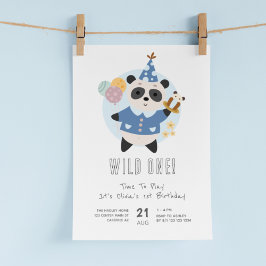 Convites Primeiro aniversario Azul de Urso Panda Selvagem