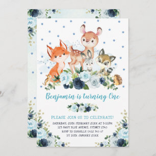 Convites primeiro aniversario Azul Floral Marinho Floresta