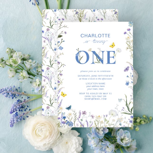 Convites primeiro aniversario Azul O Jardim De Flor Selvage (1st Birthday Invitation)
