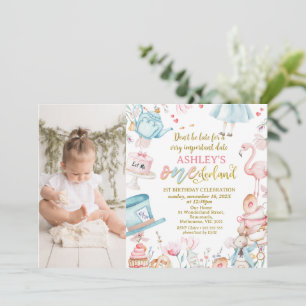 Convites Primeiro aniversario azul rosa Alice Onederland