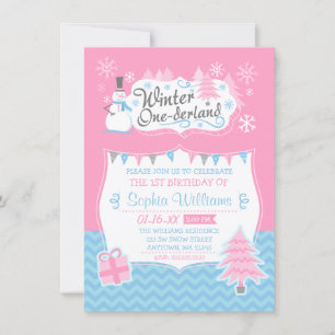 Convites primeiro aniversario Azul Rosa de Onederland de in