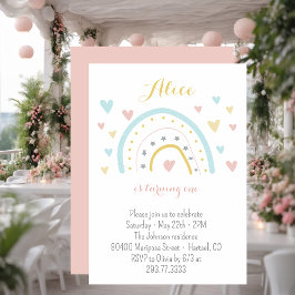 Convites Primeiro aniversario azul-rosa do arco-íris de aqu