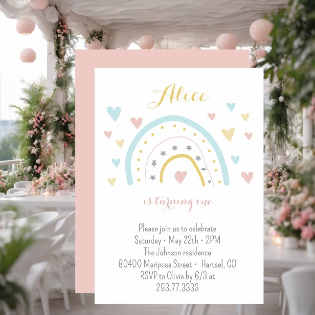 Convites Primeiro aniversario azul-rosa do arco-íris de aqu (Criador carregado)