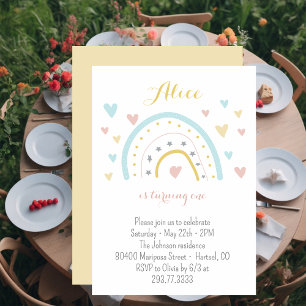 Convites Primeiro aniversario azul-rosa do arco-íris de aqu