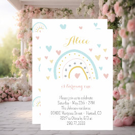Convites Primeiro aniversario azul-rosa do arco-íris de aqu