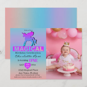 Convites Primeiro Aniversário, Azul-Rosa Mágico Unicórni