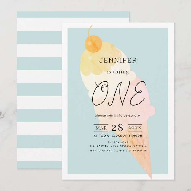 Convites primeiro aniversario azul sorvete (Frente/Verso)