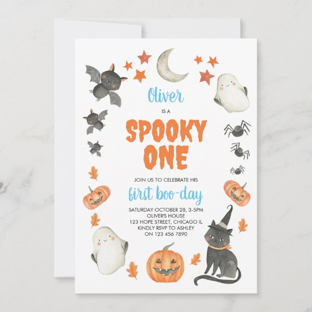Convites Primeiro aniversario Azul "Spooky One Cute Hallowe (Frente)