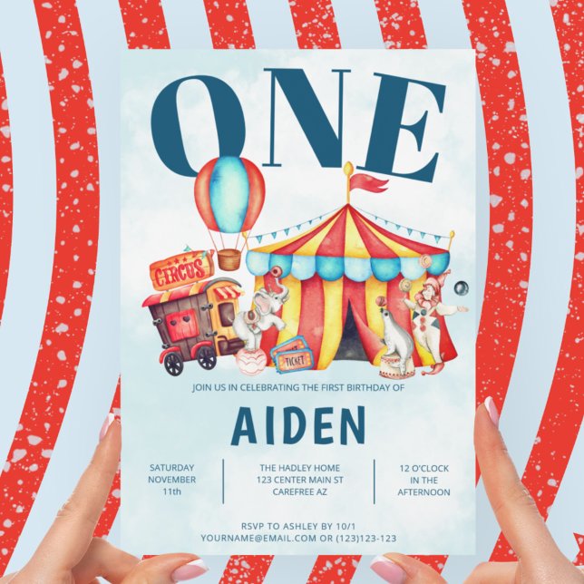 Convites Primeiro aniversario Azul Superior Grande do Circo (Criador carregado)