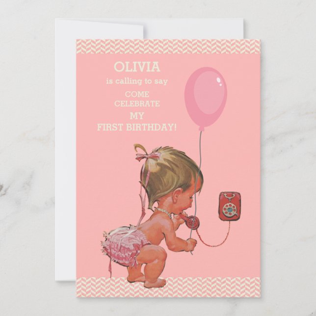 Convites primeiro aniversario Baby Girl Phone Balloon Chevr (Frente)