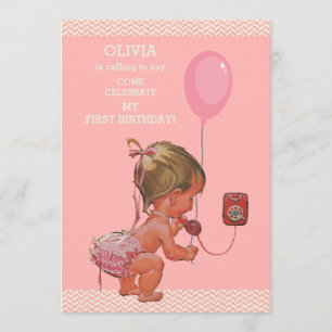 Convites primeiro aniversario Baby Girl Phone Balloon Chevr