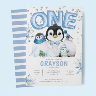 Convites Primeiro aniversario Baby Penguins Winter