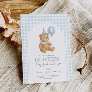 Convites Primeiro aniversario Balão de Urso Azul Gingham