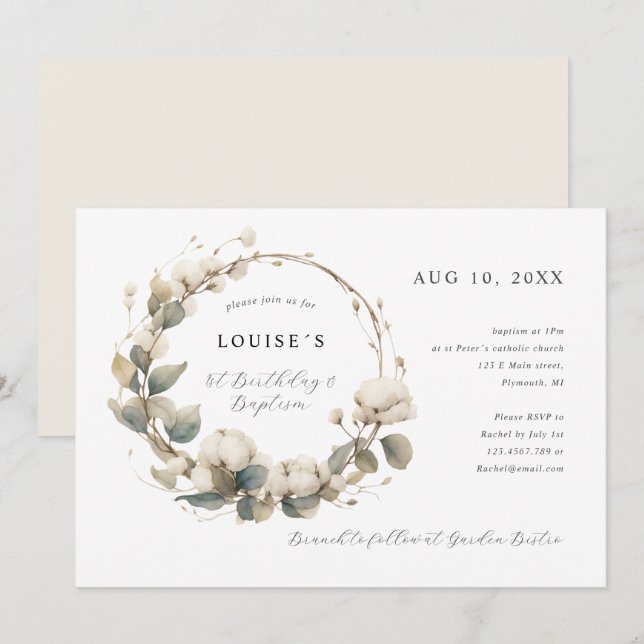 Convites primeiro aniversario Baptism algodão e eucalipto w (Frente/Verso)