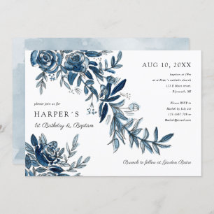 Convites primeiro aniversario Baptism azul aquarela floral