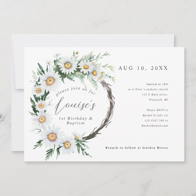 Convites primeiro aniversario Baptism daisius wreath (Frente)