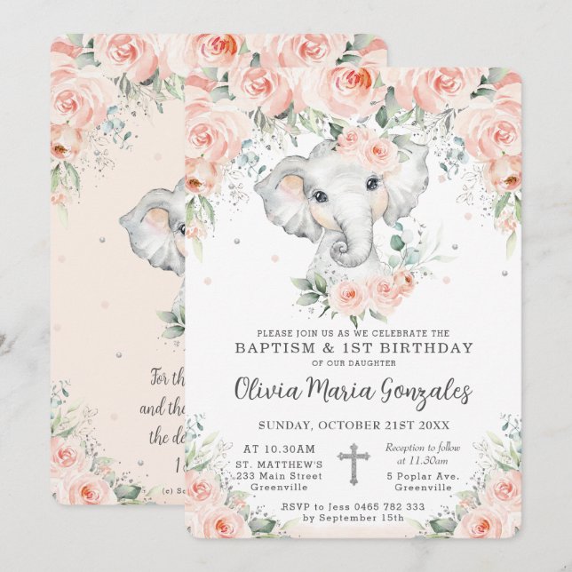Convites Primeiro aniversario Baptismo de Elefante Floral D (Frente/Verso)