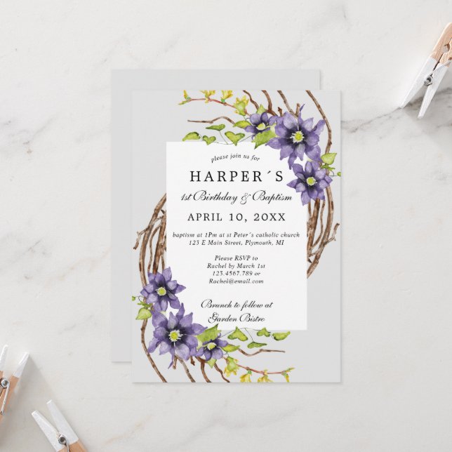 Convites primeiro aniversario Batismo flores de primavera e (Frente/Verso In Situ)