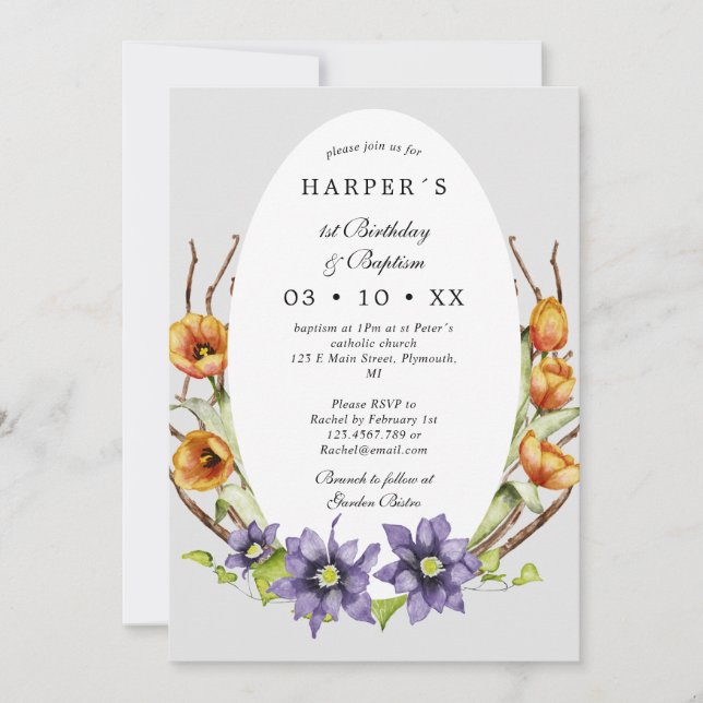 Convites primeiro aniversario Batismo flores de primavera e (Frente)
