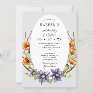 Convites primeiro aniversario Batismo flores de primavera e