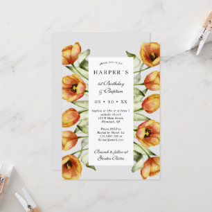 Convites primeiro aniversario Batismo flores e tulipas de p