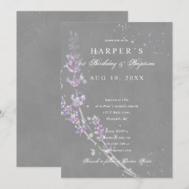 Convites primeiro aniversario Batismo lavanda flores cinza