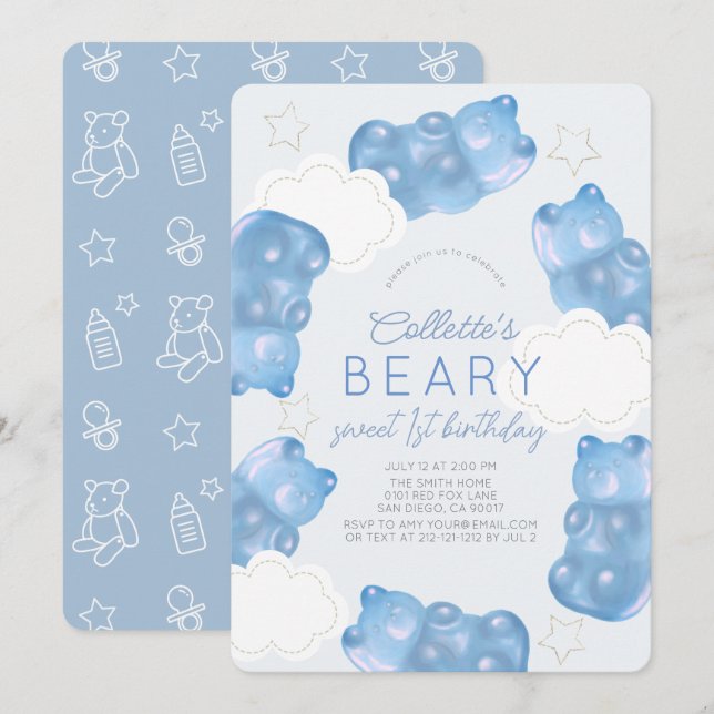 Convites Primeiro aniversario Beary Blue Gummy Bear Boy (Frente/Verso)